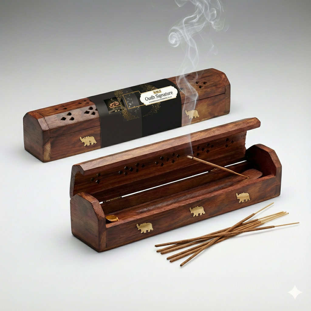 Wooden incense burner with incense sticks and smoke on a gray background