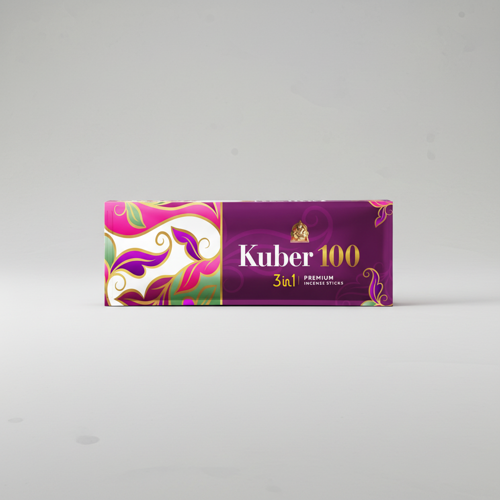 Kuber 100 premium incense sticks packaging with decorative design on a white background