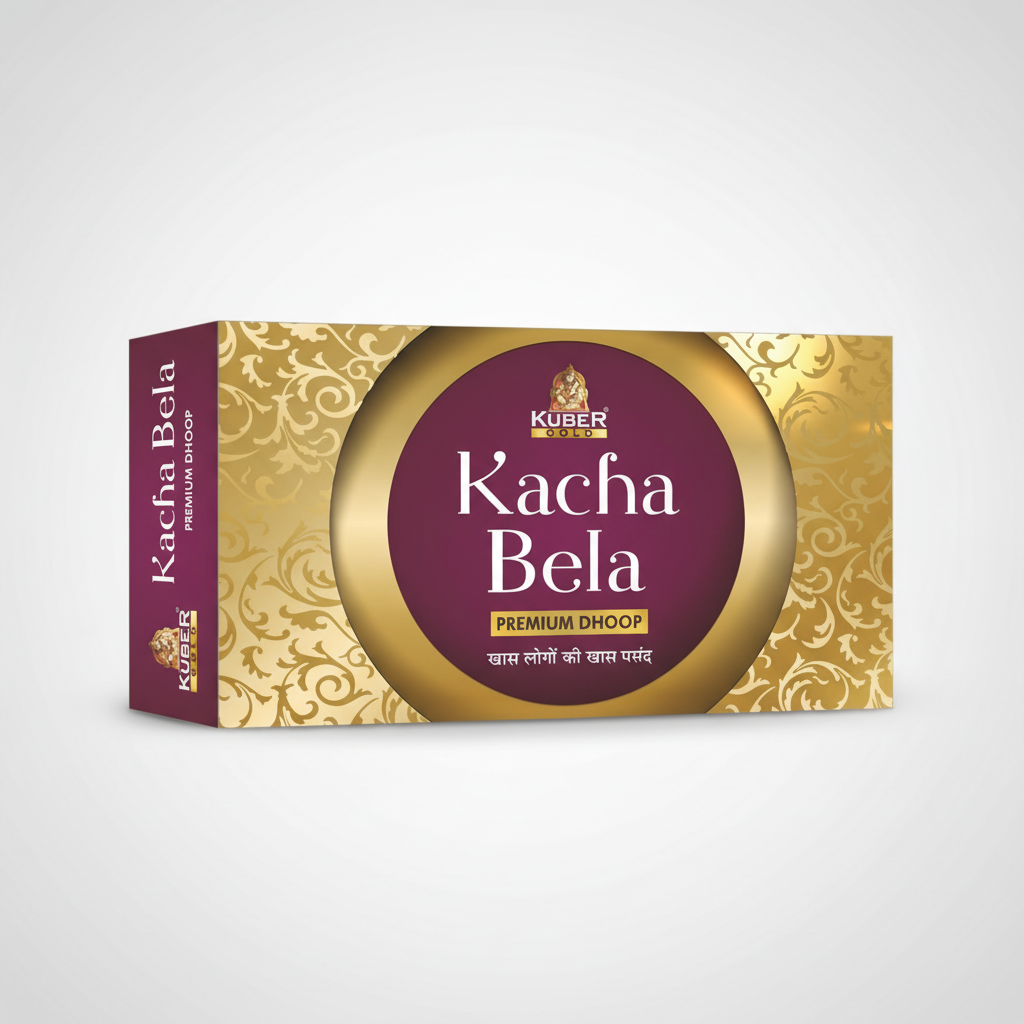 Kucha Bela premium dhoop packaging with gold and purple design on a white background