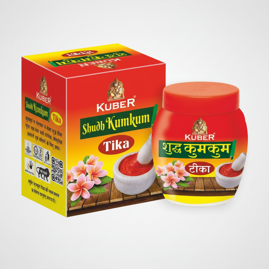 Kuber Shudh Kumkum Tika packaging with red and yellow design on a white background