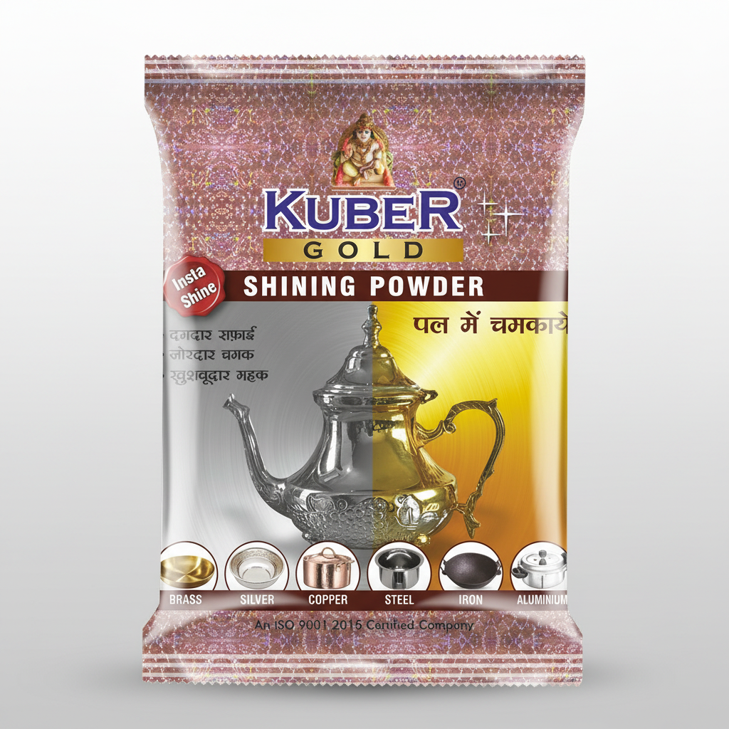 Kuber Gold Shining Powder packaging with images of shiny metal objects on a white background