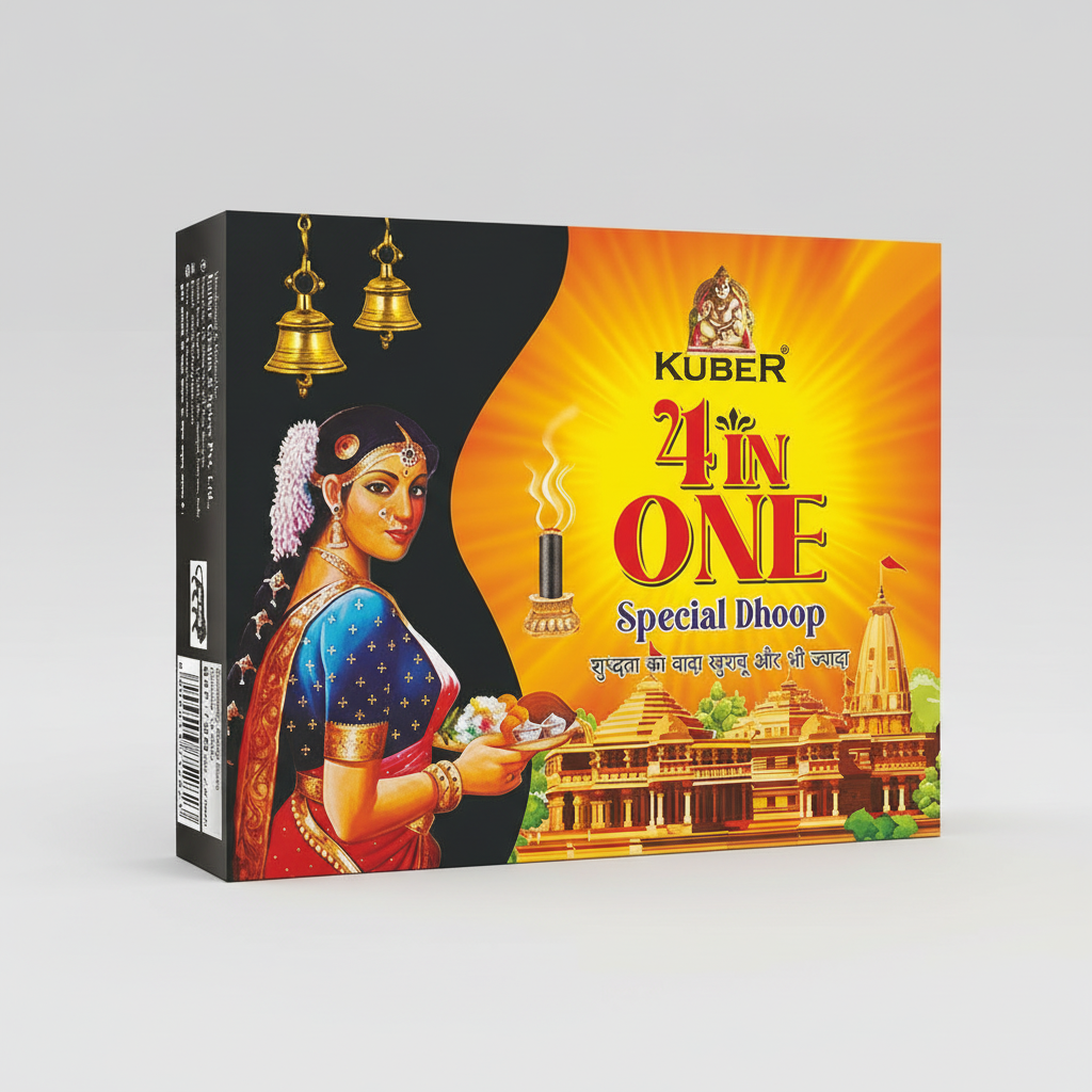 Kuber 24 in One Special Dhoop packaging with a woman and temple illustration