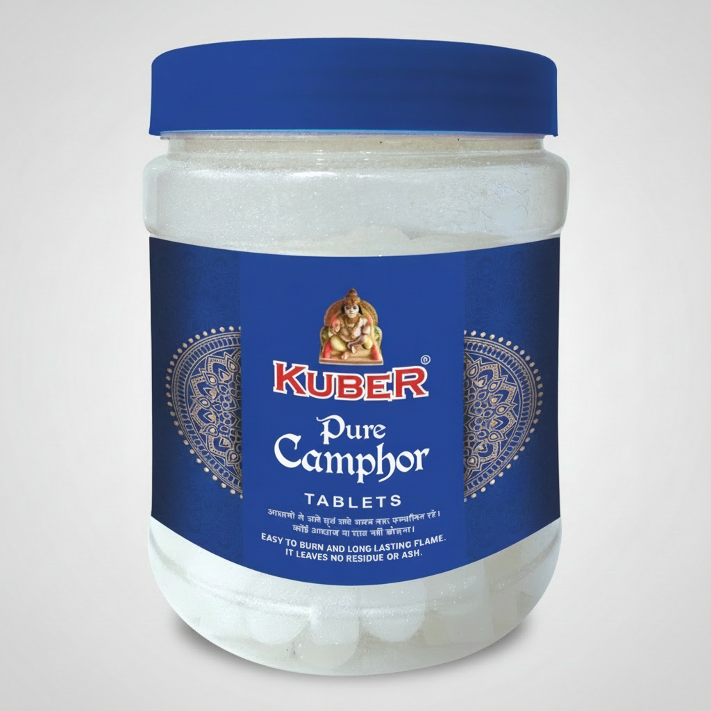 Jar of Kuber Pure Camphor Tablets with blue lid and label on a white background