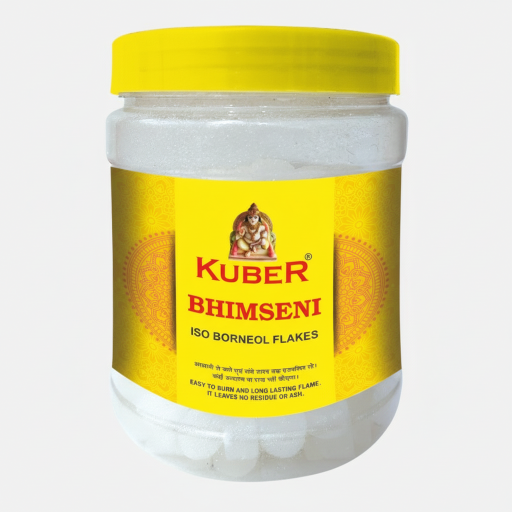 Jar of Kuber Bhimeseni Iso Borneol Flakes with yellow lid and label on a white background