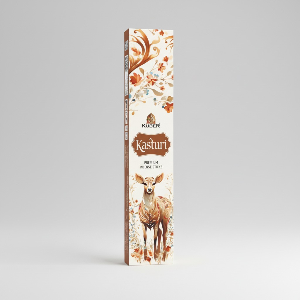 Kasturi premium incense sticks packaging with a deer illustration on a white background