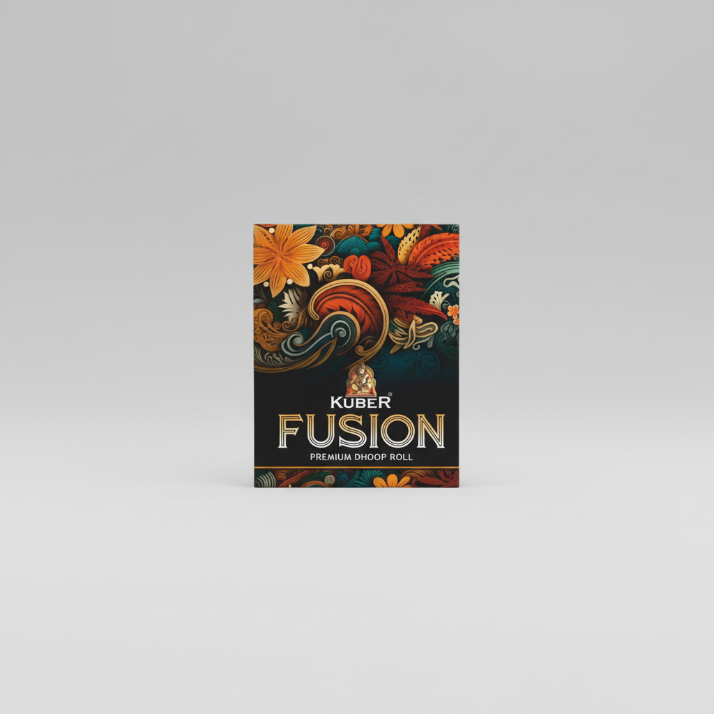 Kuber Fusion Premium Dhoop Roll packaging with intricate designs on a black background