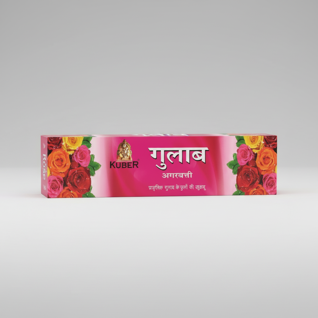 Kuber Rose incense packaging with colorful roses on a pink background