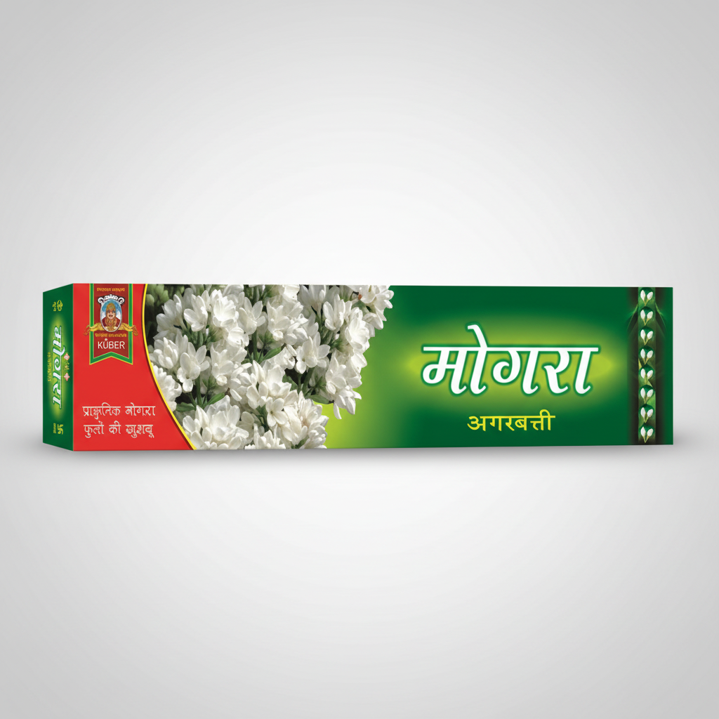 Mogra Agarbatti box with green and red design on a white background
