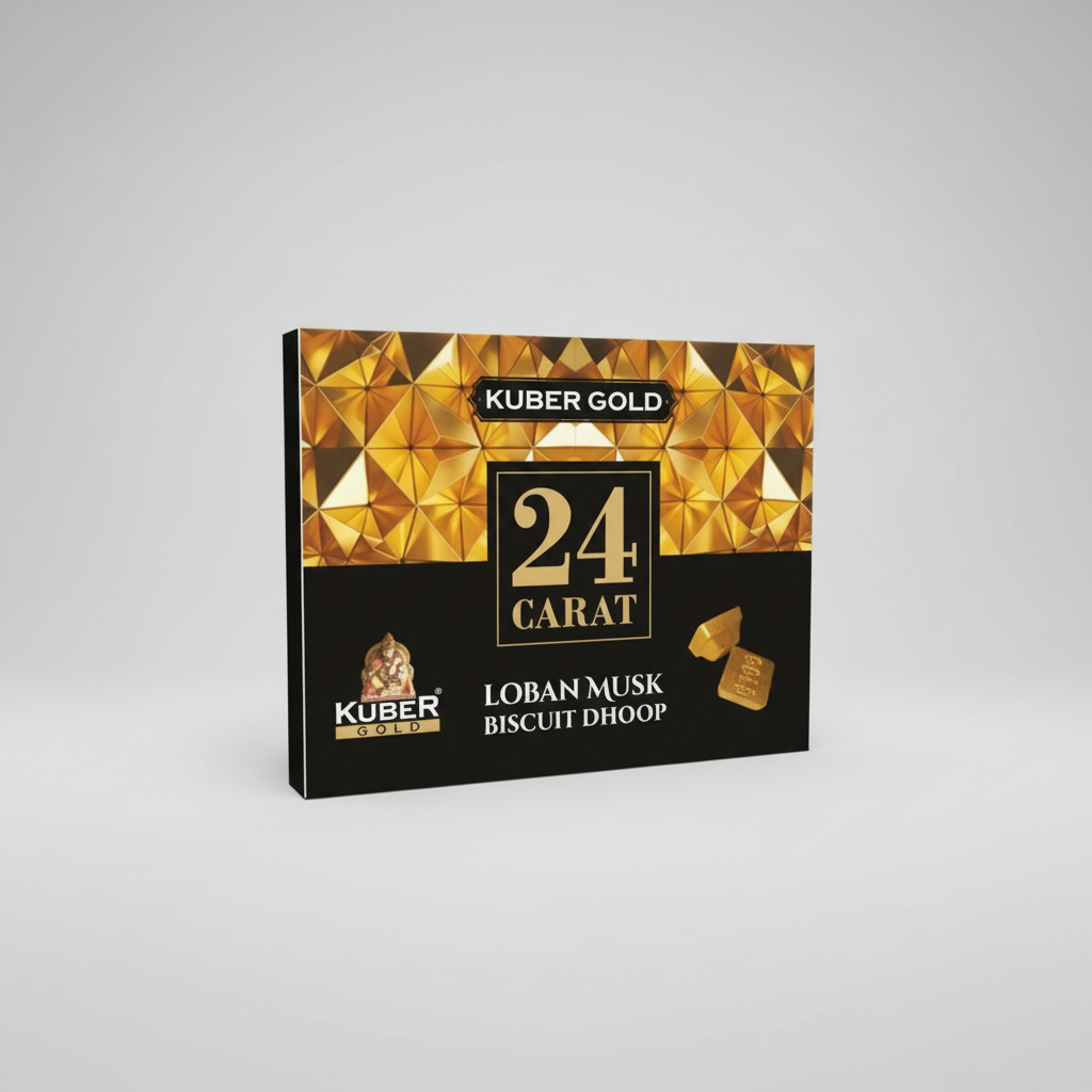 Kuber Gold 24 Carat Lobam Musk Biscuit Dhoop packaging on a white background