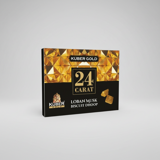 Kuber Gold 24 Carat Lobam Musk Biscuit Dhoop packaging on a white background