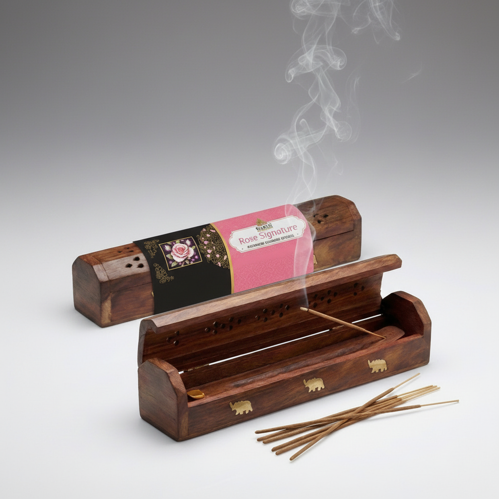 Wooden incense burner with incense sticks and a branded incense stick package on a white background