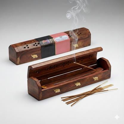 Wooden incense burner with incense sticks and a small box on a light gray background