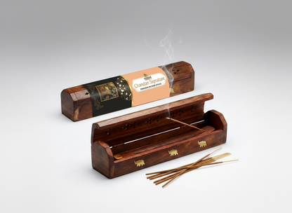 Wooden incense holder with sticks and packaging on a light gray background