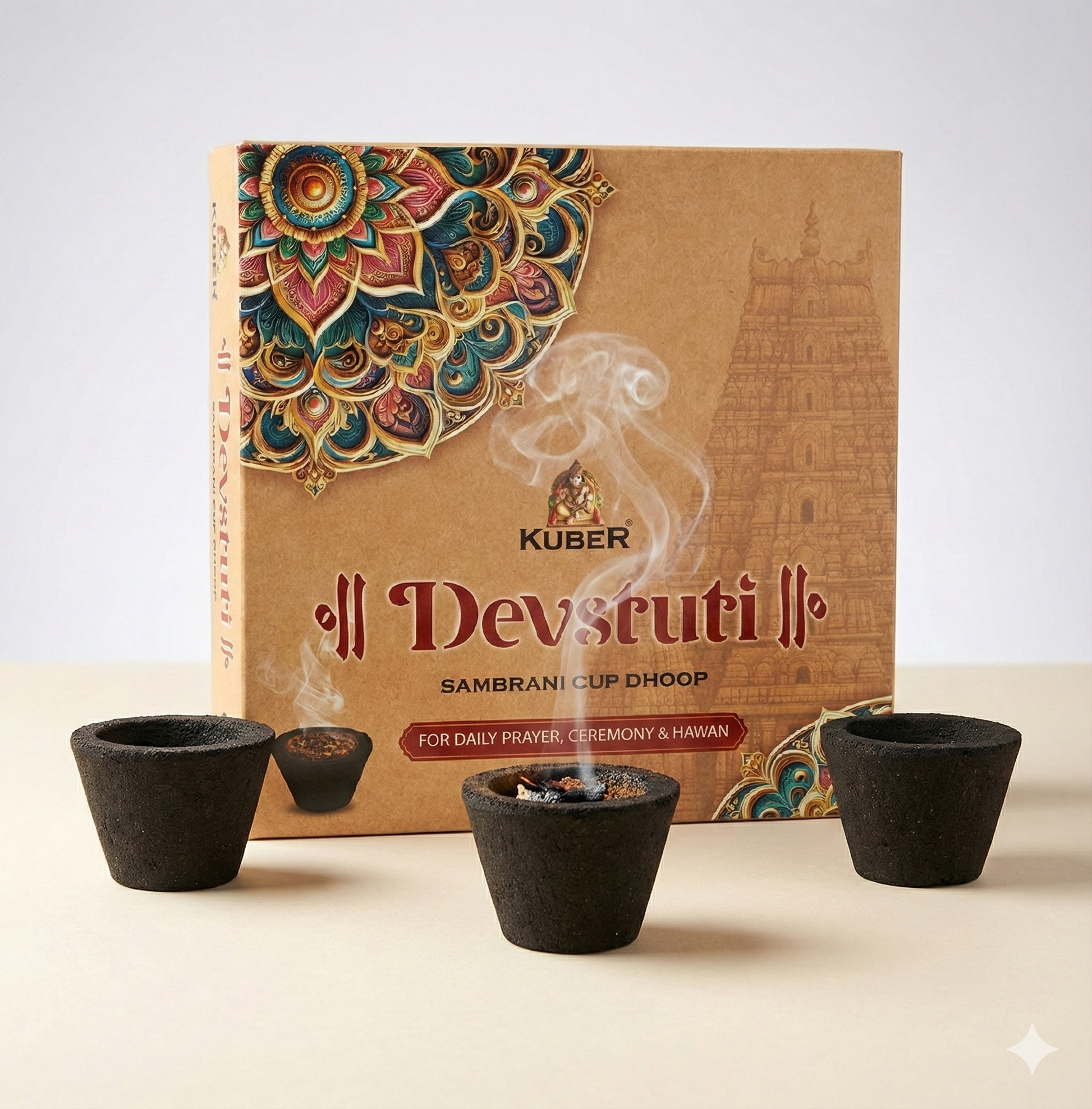 Kuber Devsruti incense packaging with three black incense cones on a light background
