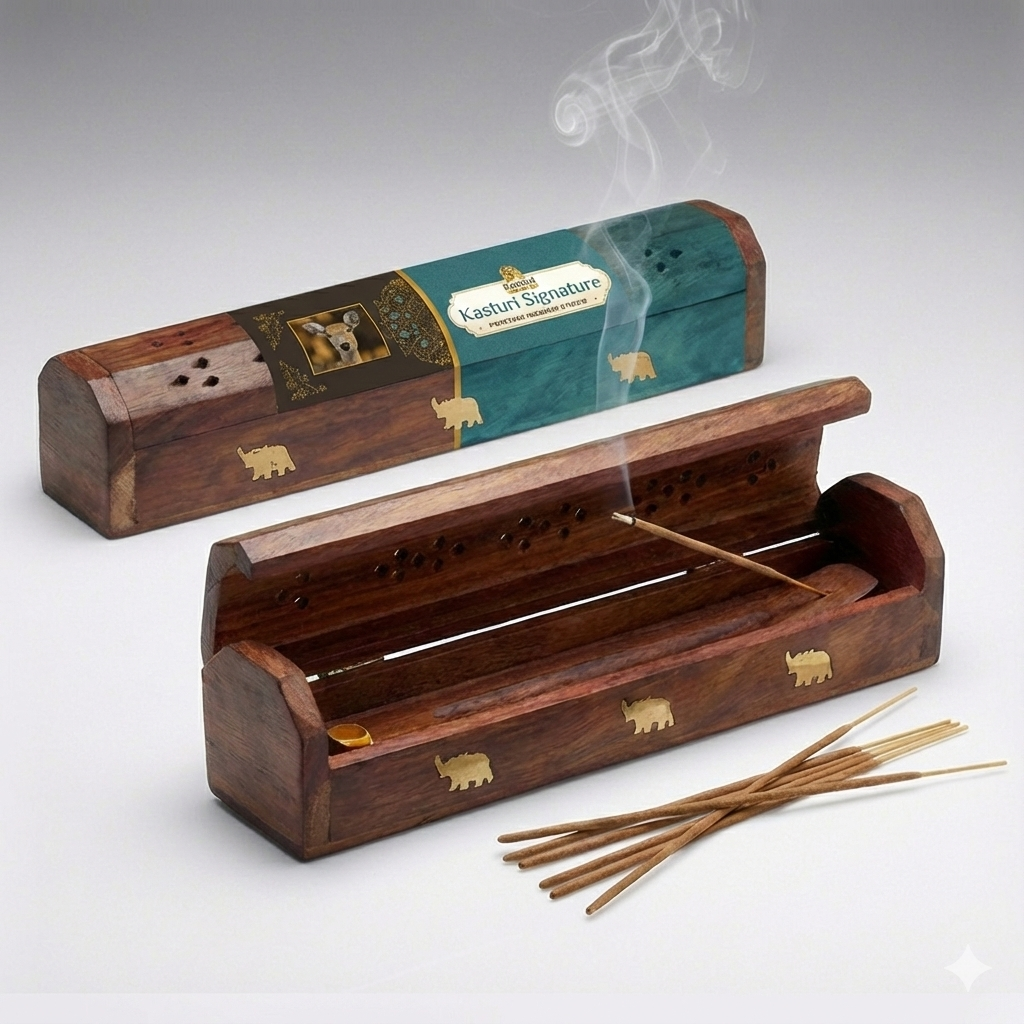 Wooden incense burner with Kasturi Signature incense sticks on a white background