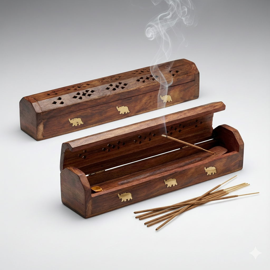 Wooden incense burner with incense sticks on a white background