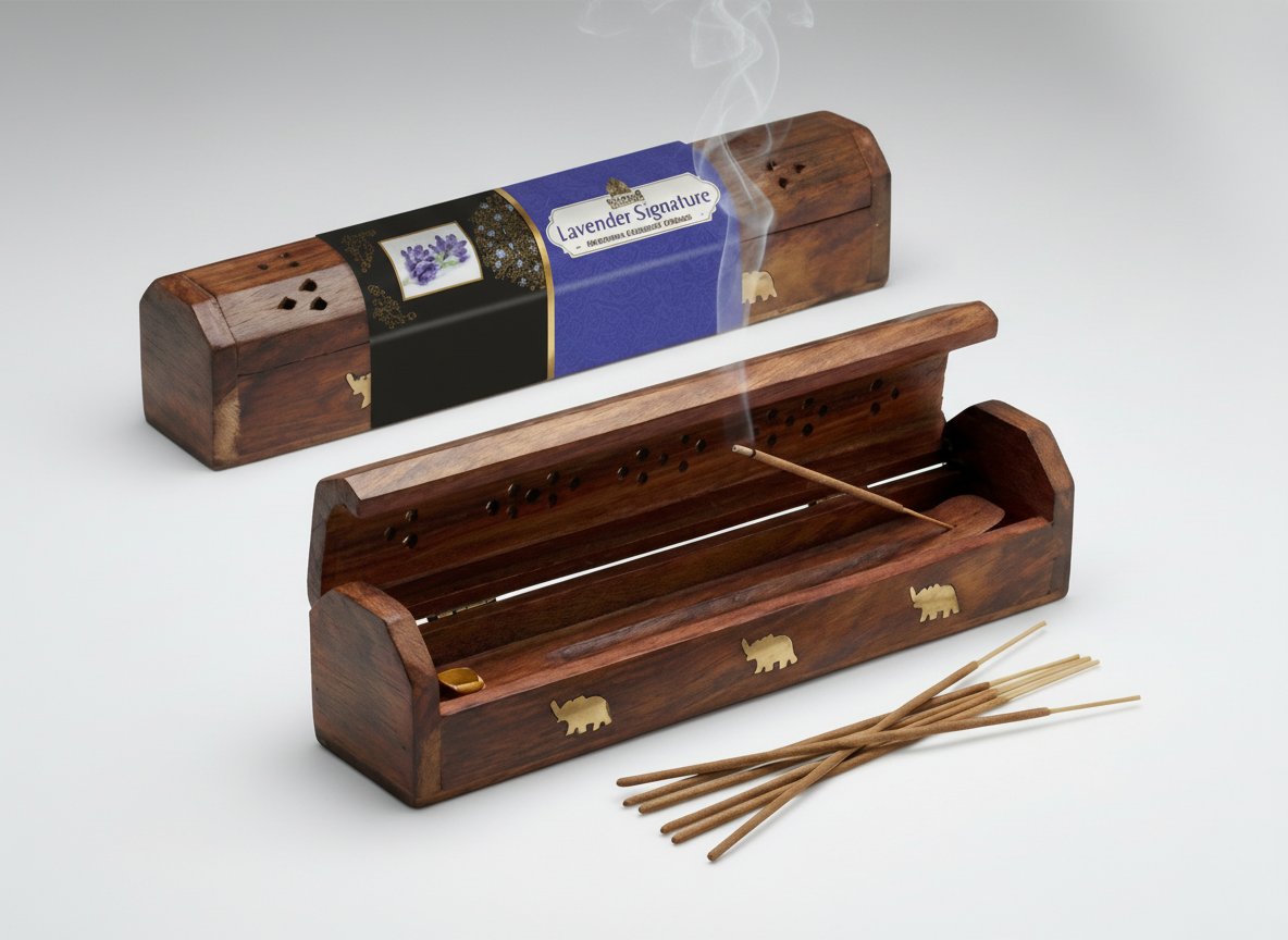 Wooden incense holder with incense sticks and packaging on a white background