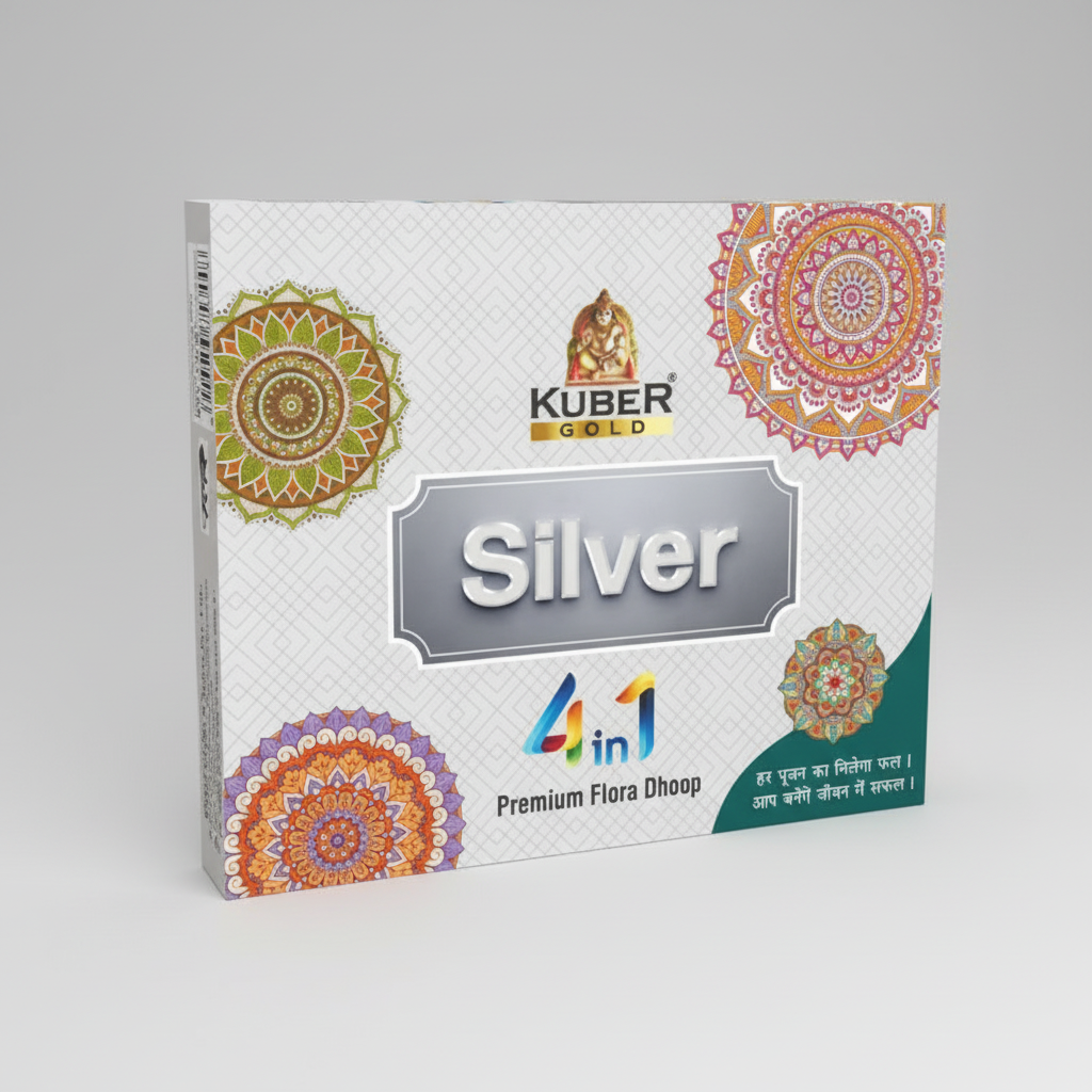Kuber Gold Silver 4in1 Premium Flora Dhoop packaging with decorative elements on a white background