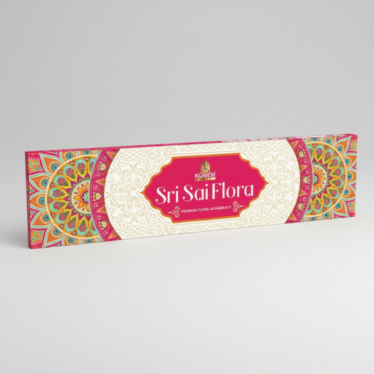Sri Sai Flora incense packaging with colorful design on a white background