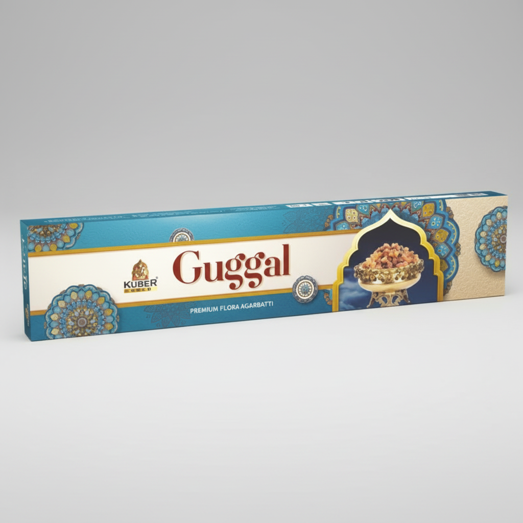 Guggal incense packaging with decorative design on a white background