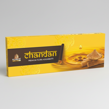 Kuber Chandan incense packaging with yellow and brown design on a white background