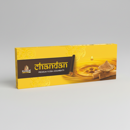 Kuber Chandan incense packaging with yellow and brown design on a white background