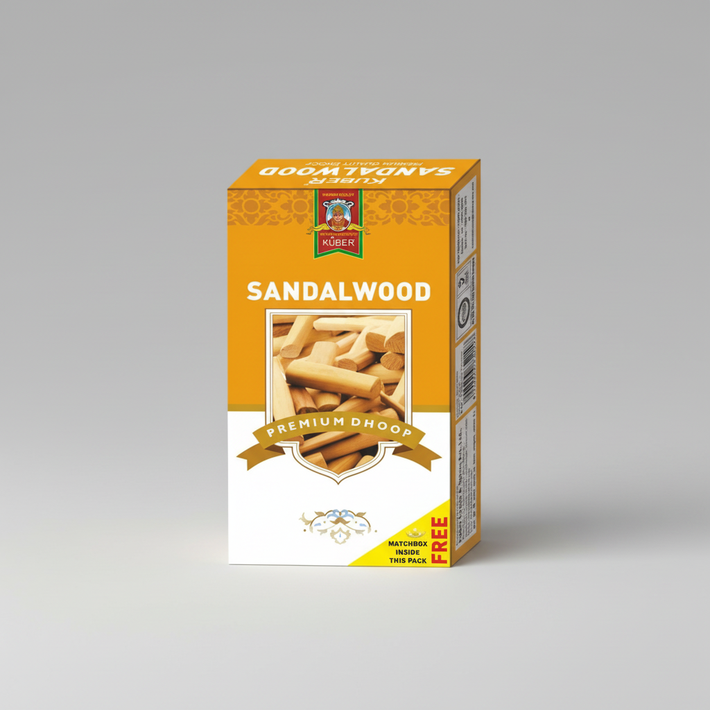 Box of Kuber Sandalwood Premium Dhoop on a white background