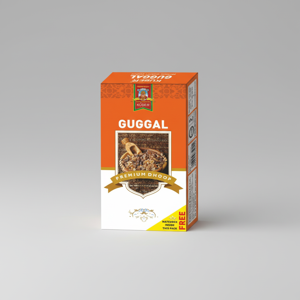 Kuber Guggal packaging with orange and white design on a white background