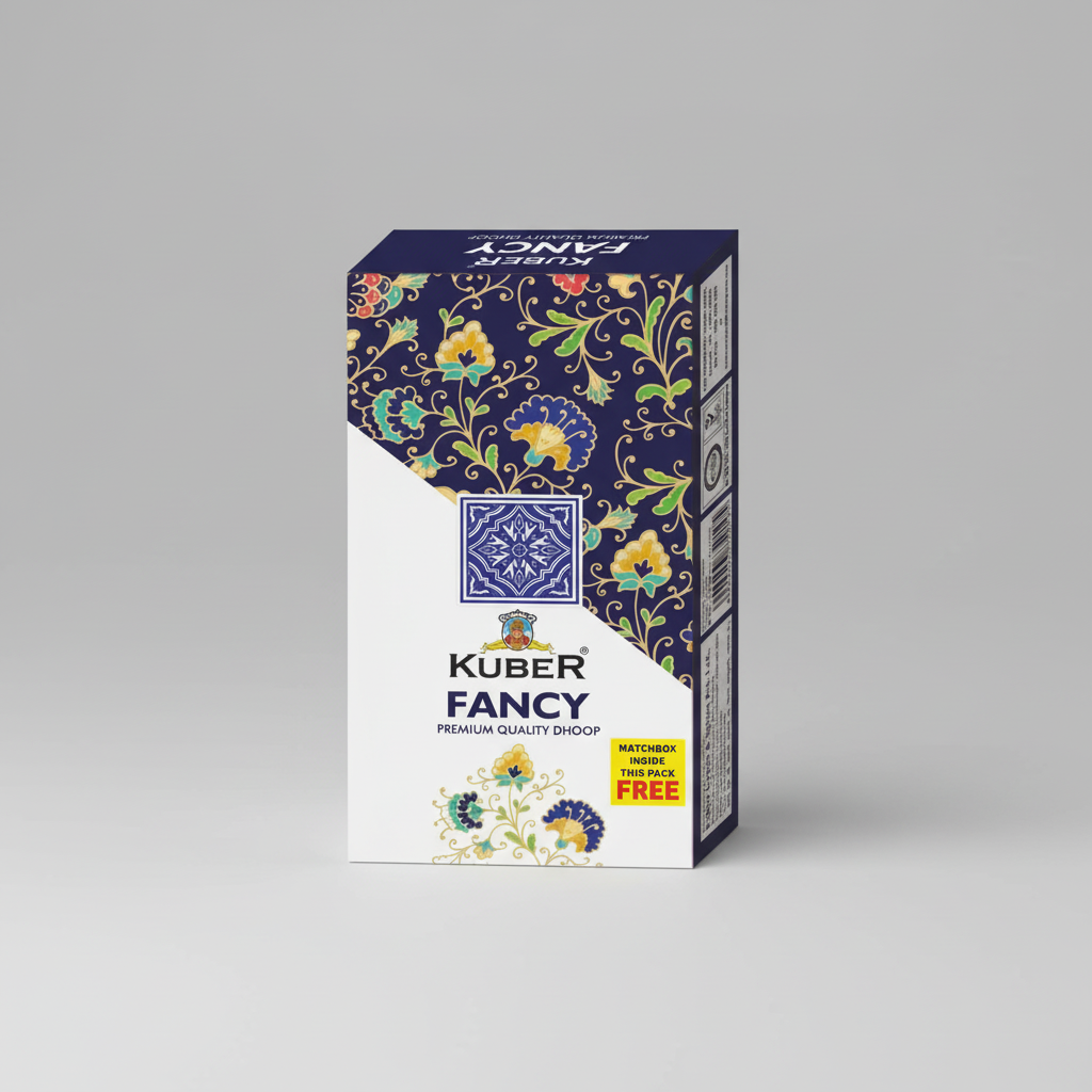 Kuber Fancy premium quality dhoop packaging with floral designs on a white background