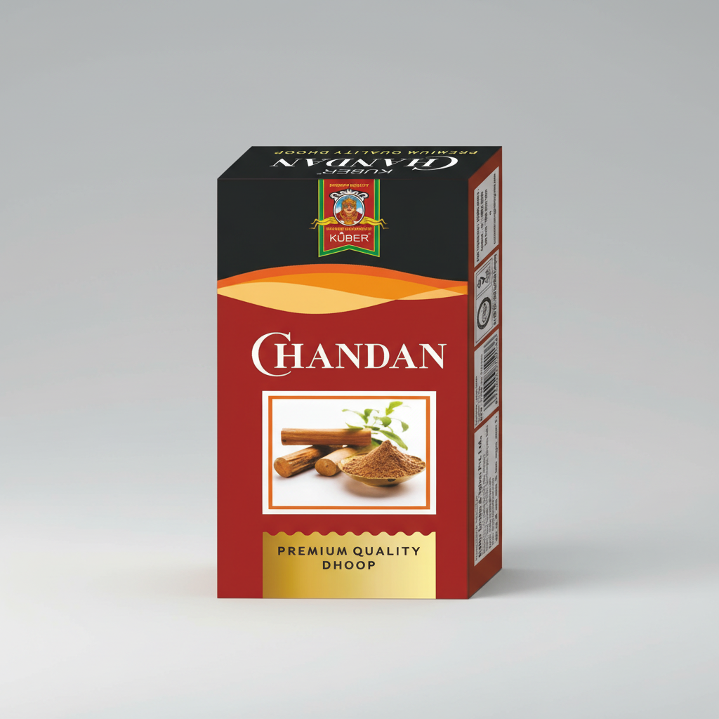 Box of Chandan Kuber dhoop with cinnamon sticks and powder on a white background