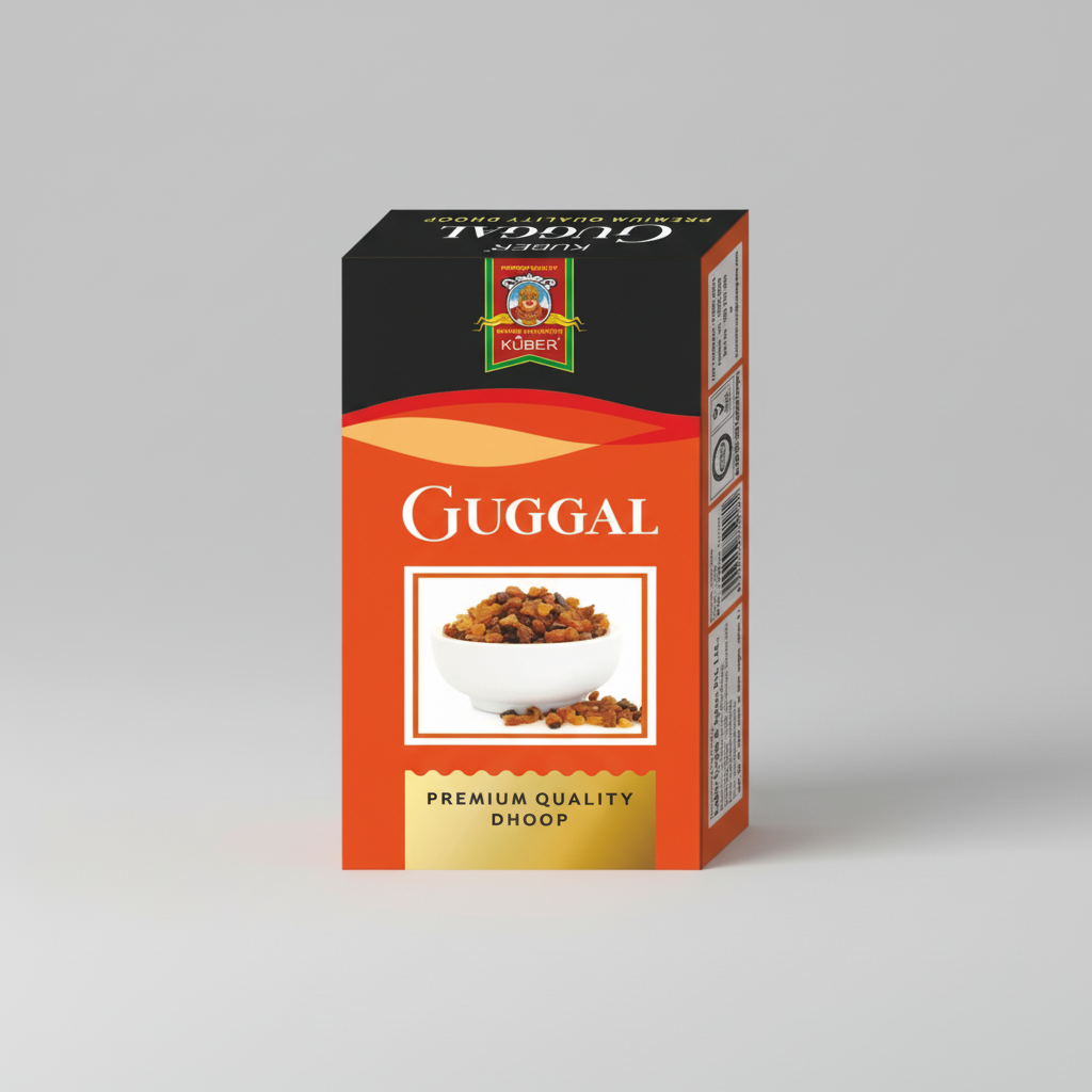 Guggal packaging with Kuber brand logo on an orange and black background