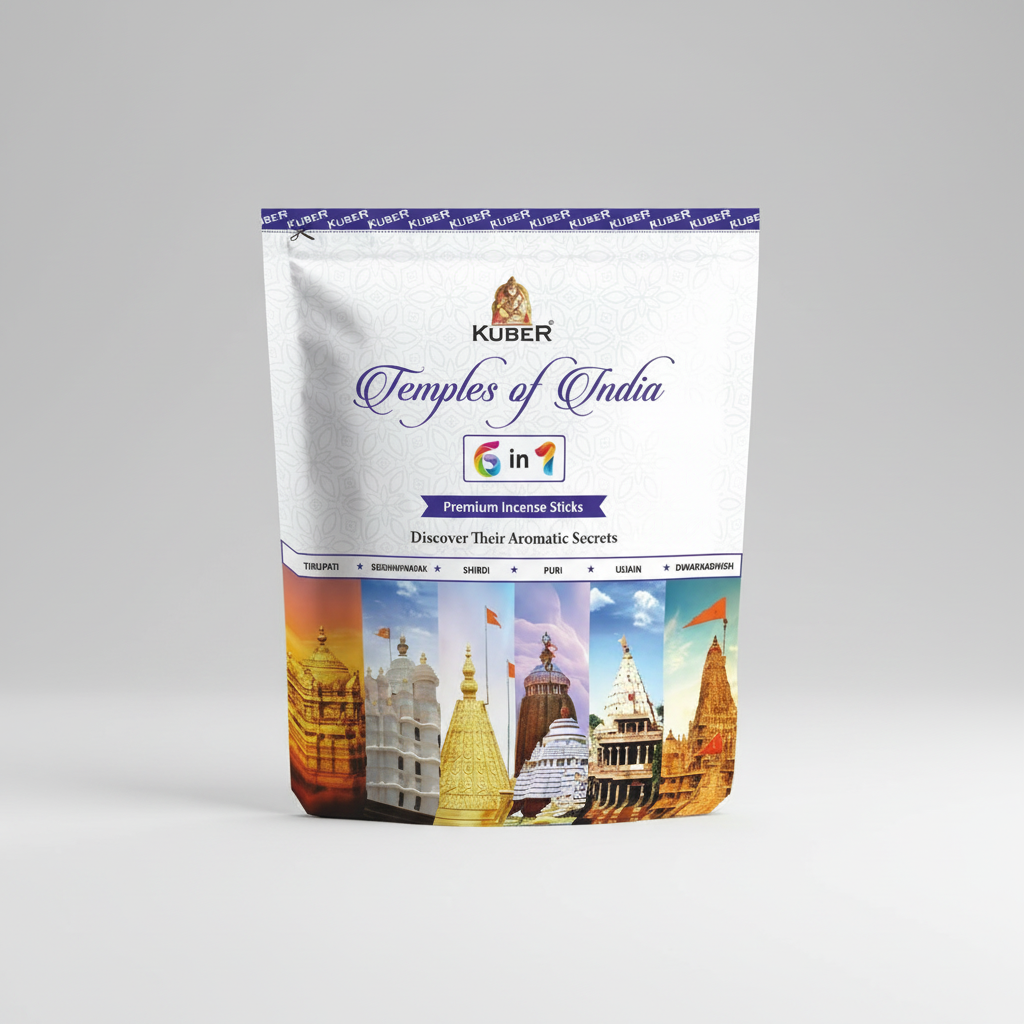 Kuber Temples of India incense sticks packaging with images of temples and brand name.