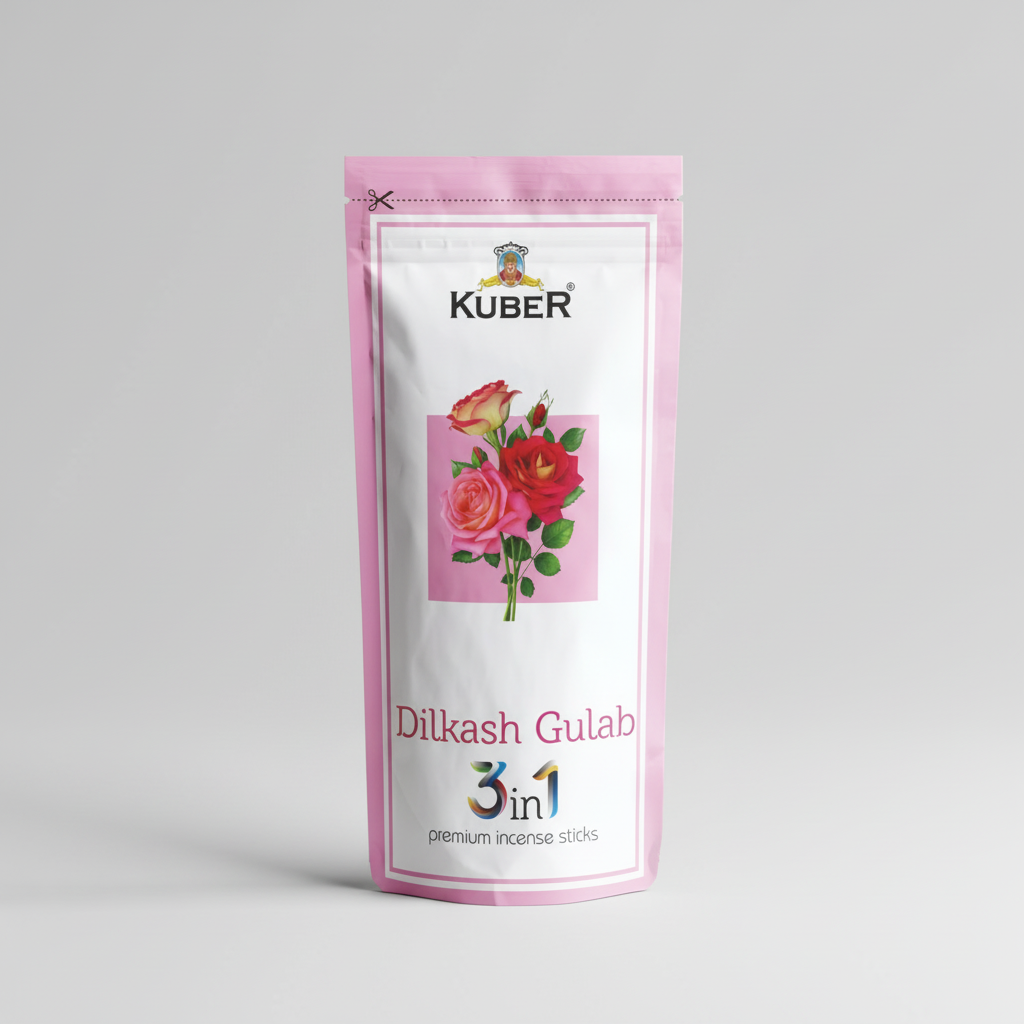 Kuber Dilkash Gulab incense sticks packaging with pink border and floral design.