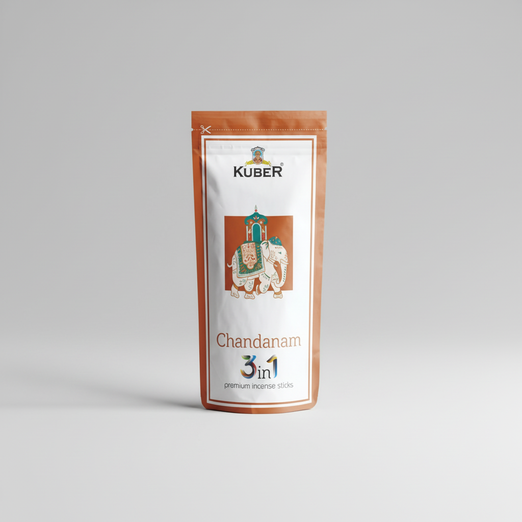 Kuber Chandanam 3in1 premium incense sticks packaging on a white background