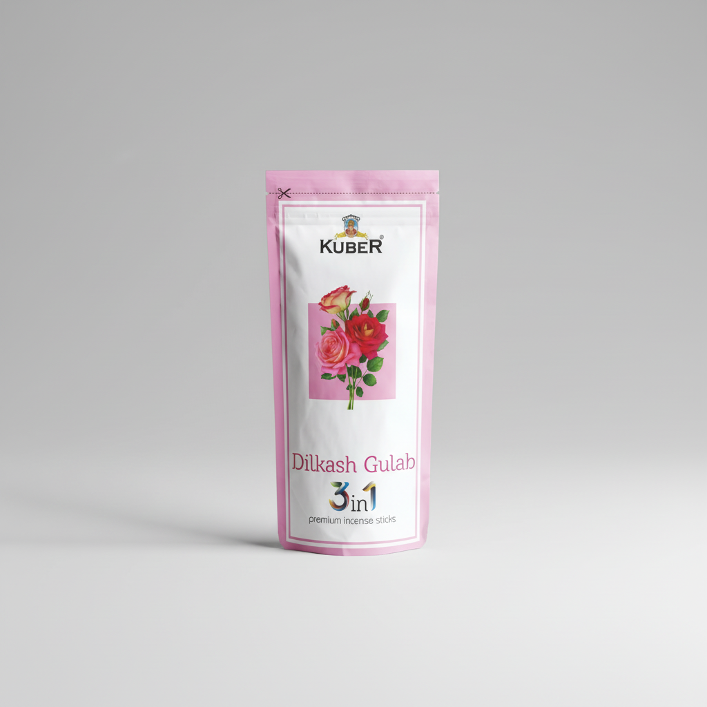 Kuber Dilkash Gulab incense sticks packaging with pink border and floral design.