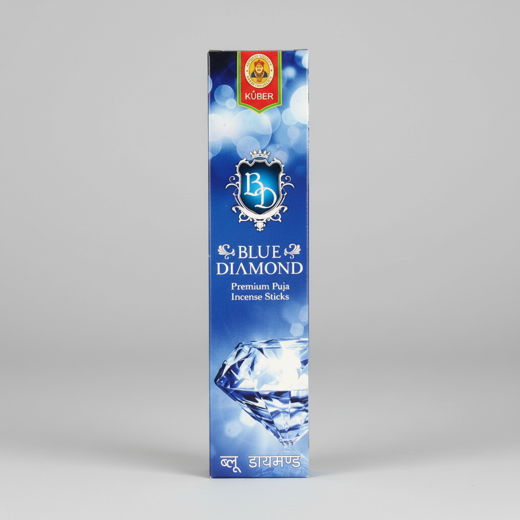 Box of Blue Diamond premium puja incense sticks with a blue and white design.