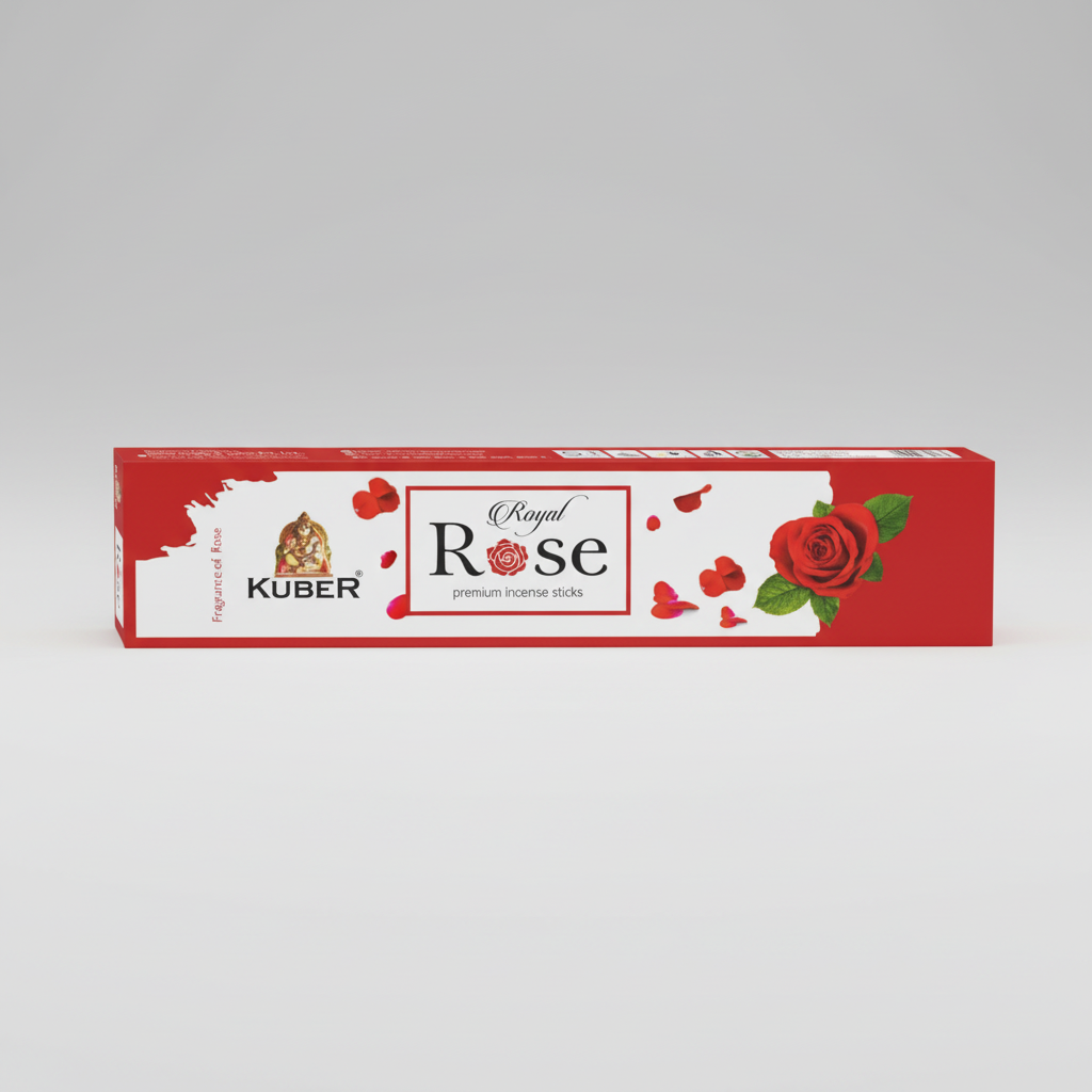 Box of Kuber Royal Rose incense sticks on a white background