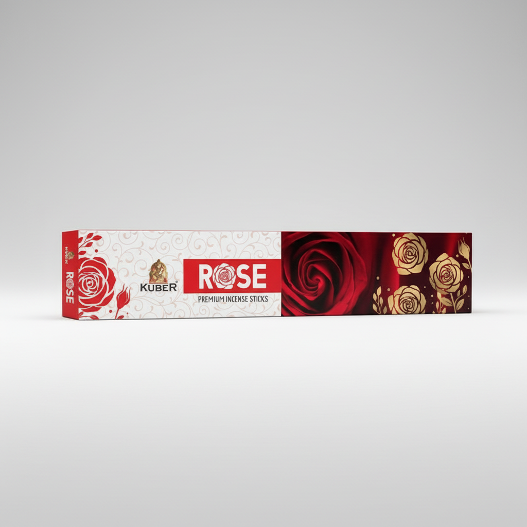Kuber Rose premium incense sticks packaging with rose designs on a white background