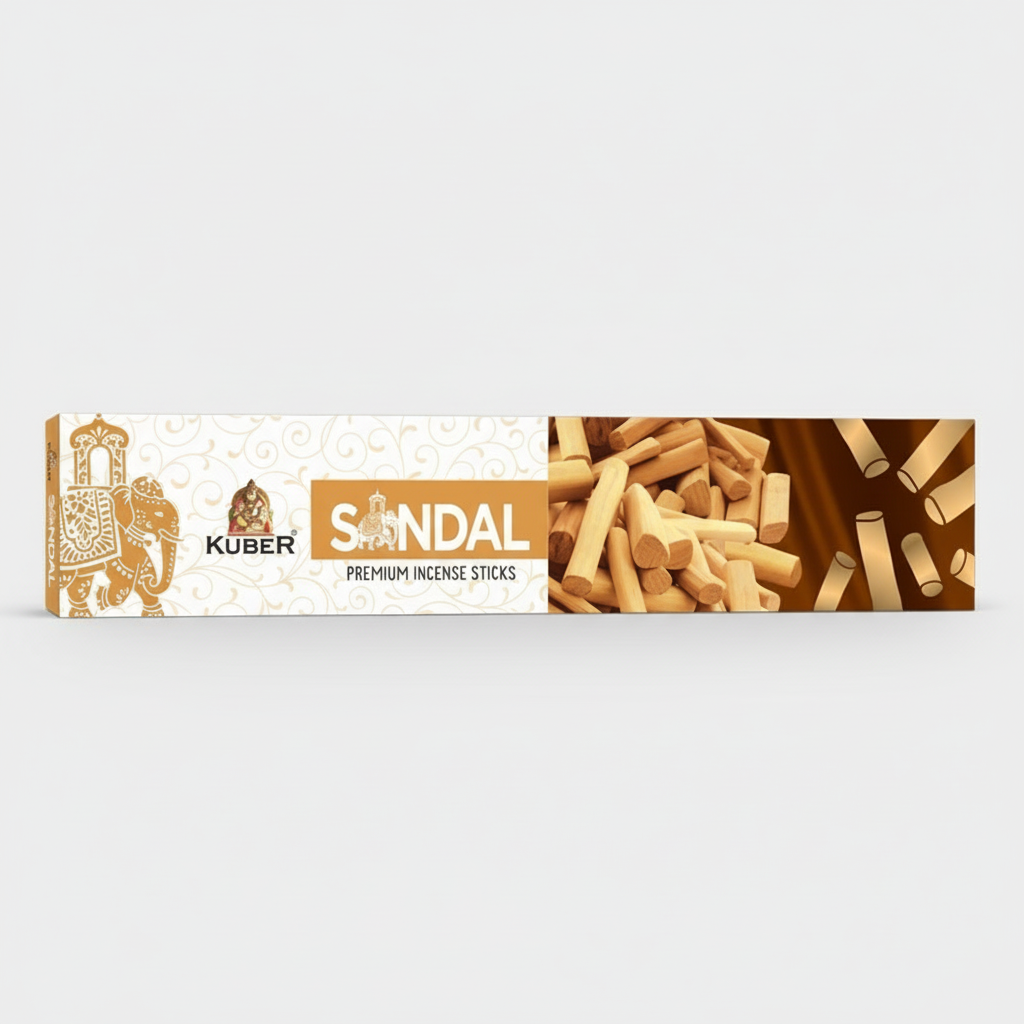 Kuber Sandal premium incense sticks packaging with incense sticks displayed.