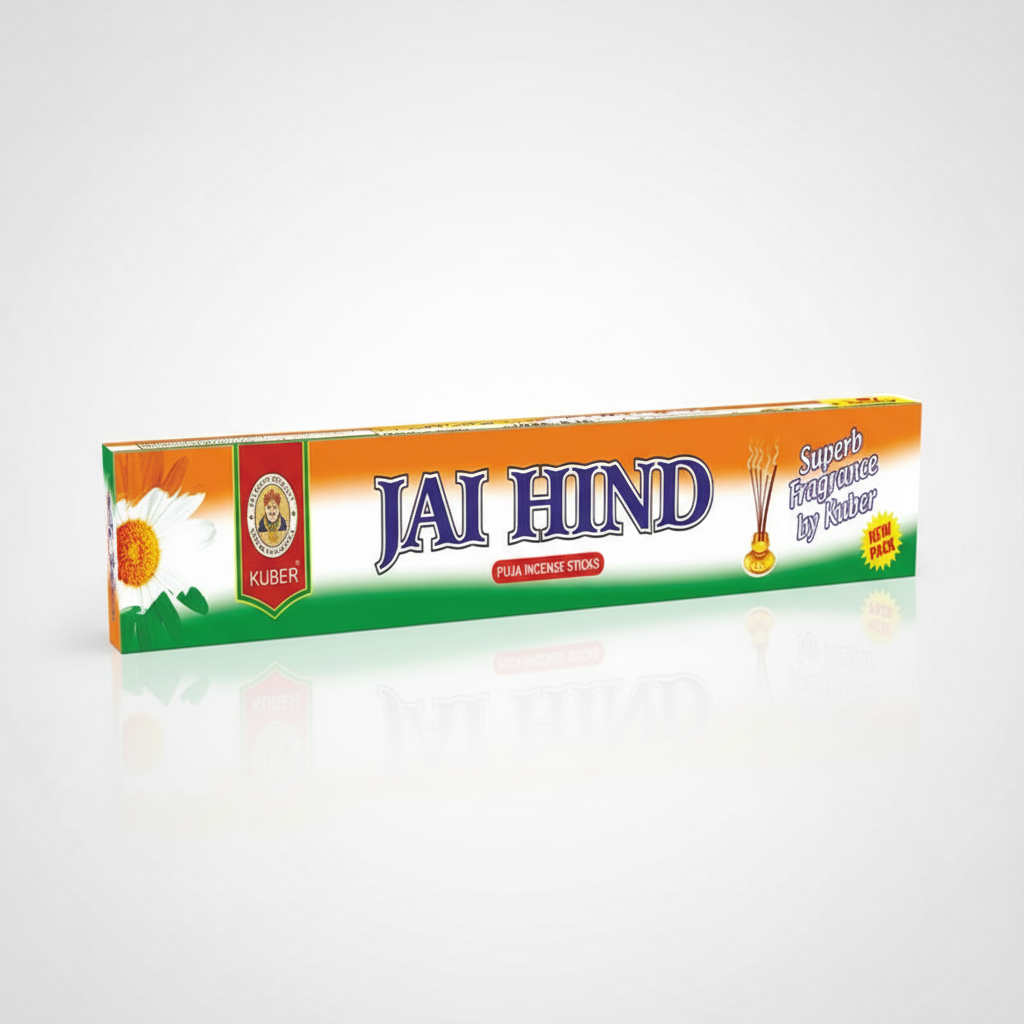 Box of Jai Hind incense sticks with colorful packaging on a white background