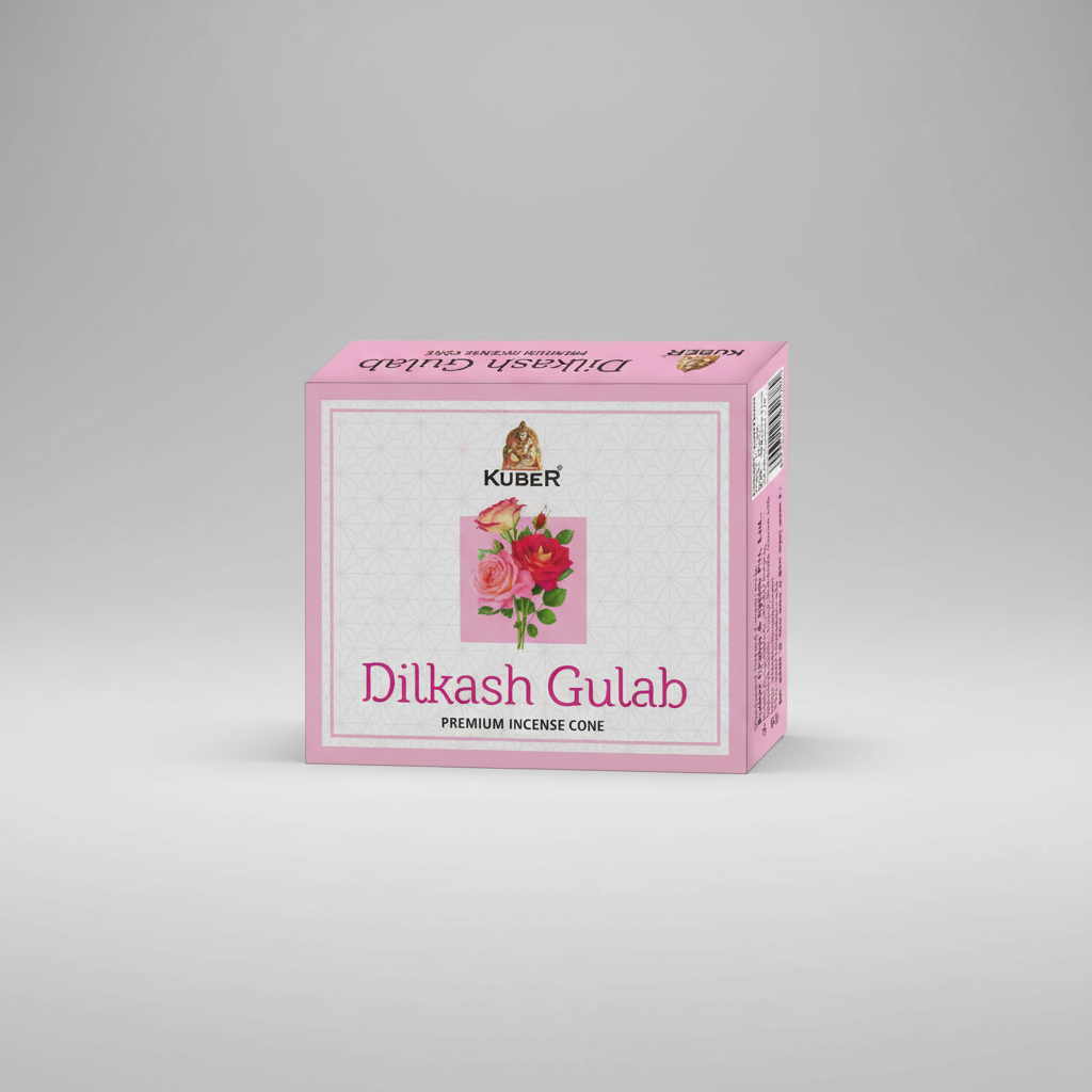 Kuber Dilkash Gulab premium incense cone packaging with pink and white design.