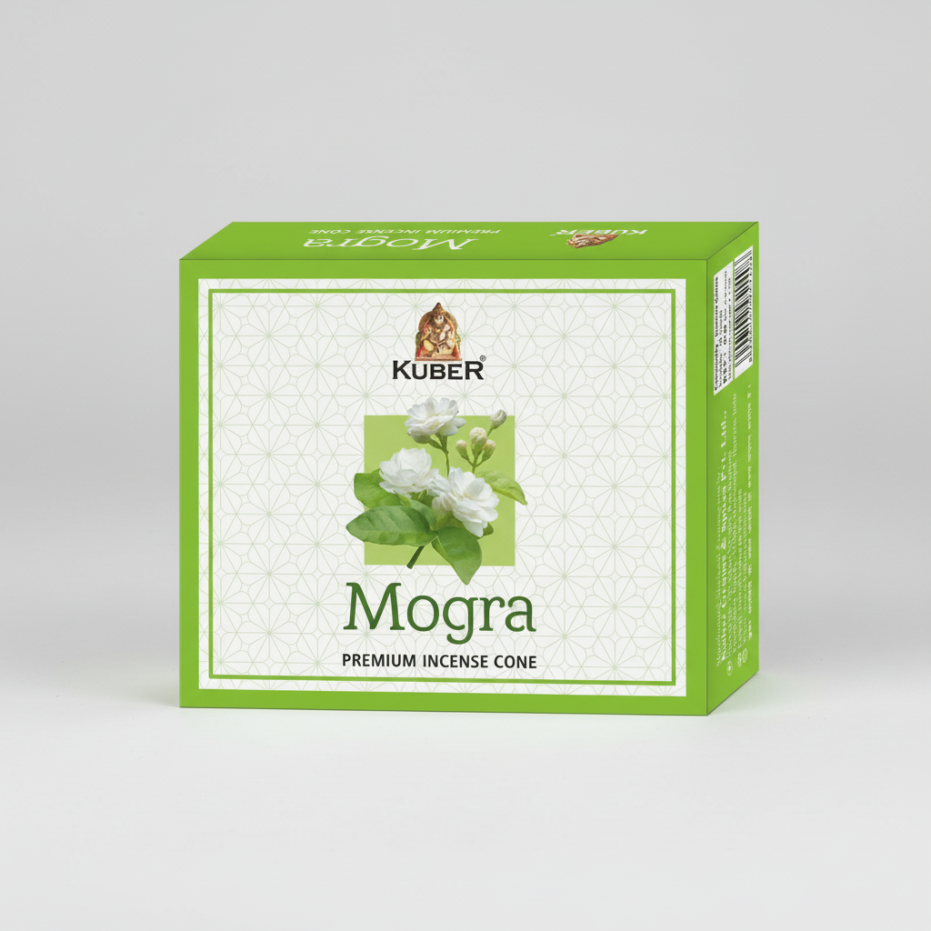 Kuber Mogra premium incense cone packaging with green and white design.
