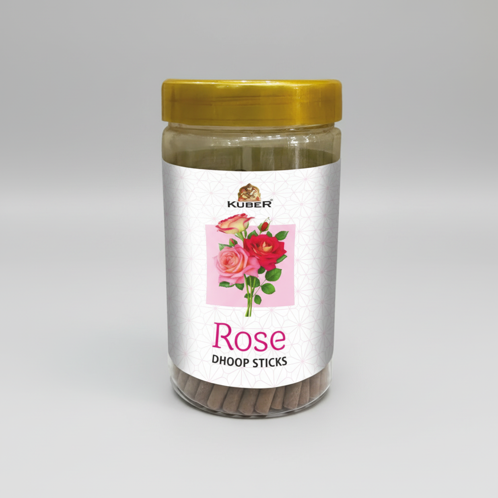 Jar of Kuber Rose Dhoop Sticks with a yellow lid on a white background
