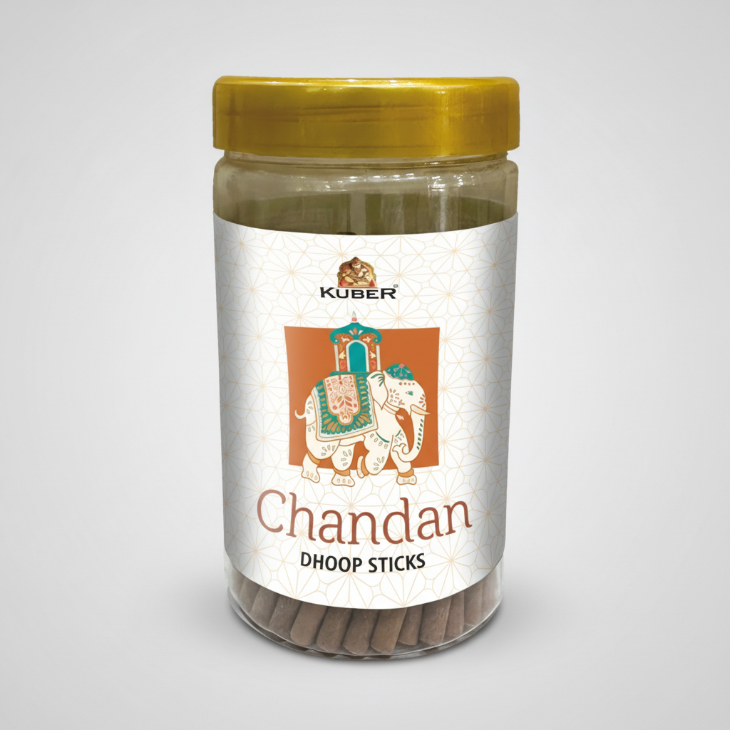 Jar of Chandan Dhoop Sticks with Kuber brand label on a white background