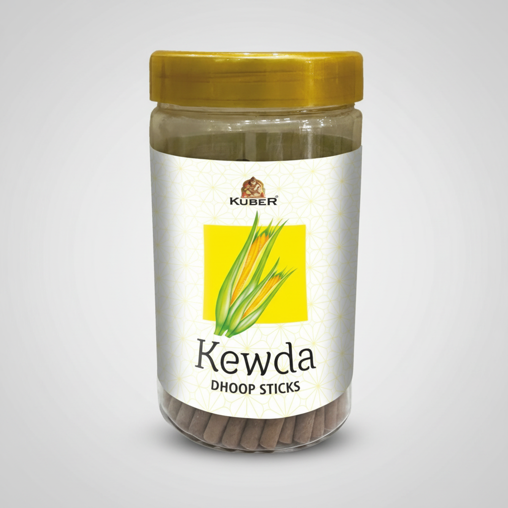 Jar of Kewda Dhoop Sticks with a yellow lid and label on a white background