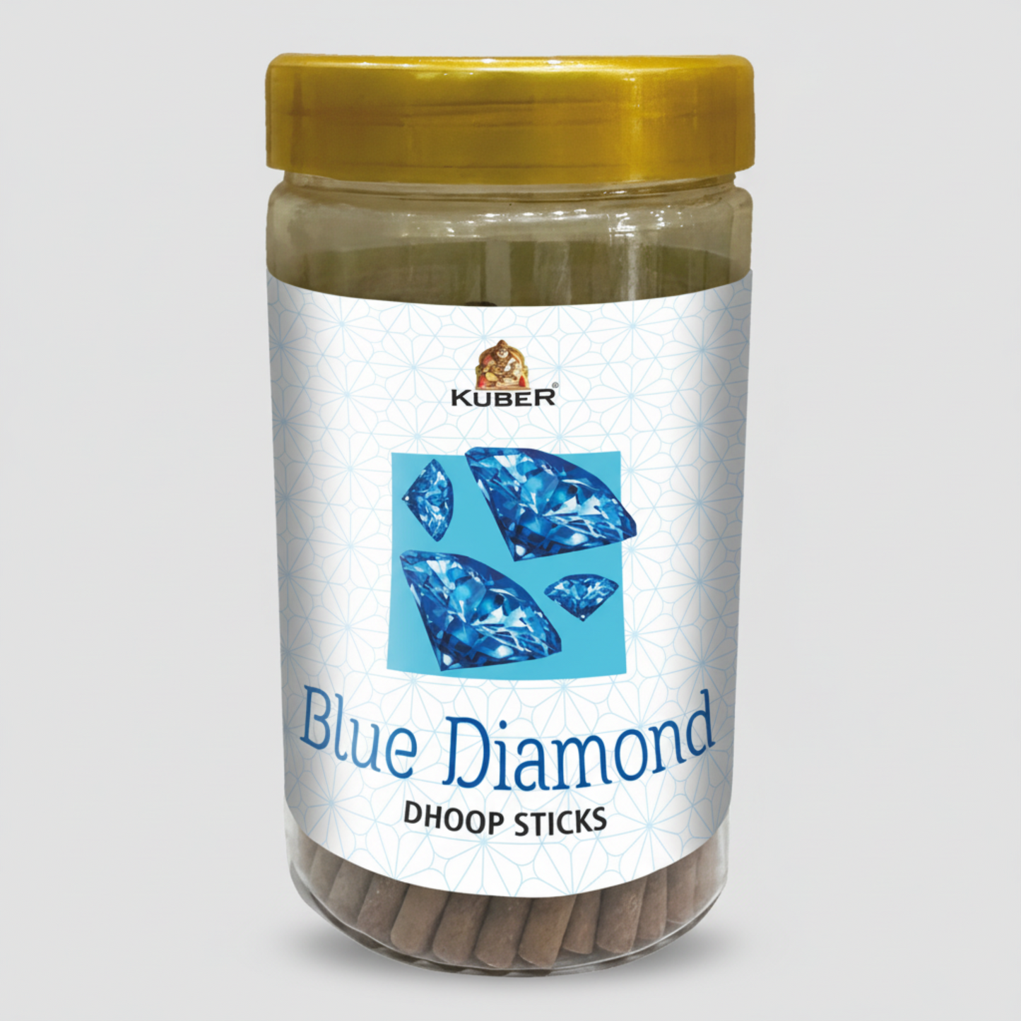Jar of Kuber Blue Diamond Dhoop Sticks with a yellow lid on a white background