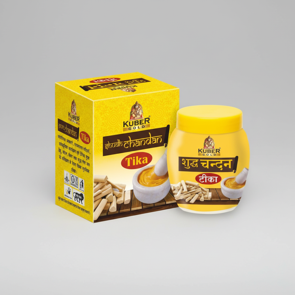 Kuber Gold Tika packaging with yellow jar and box on a white background