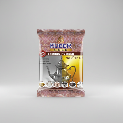 Kuber Gold Shining Powder packaging with images of shiny metal objects on a white background