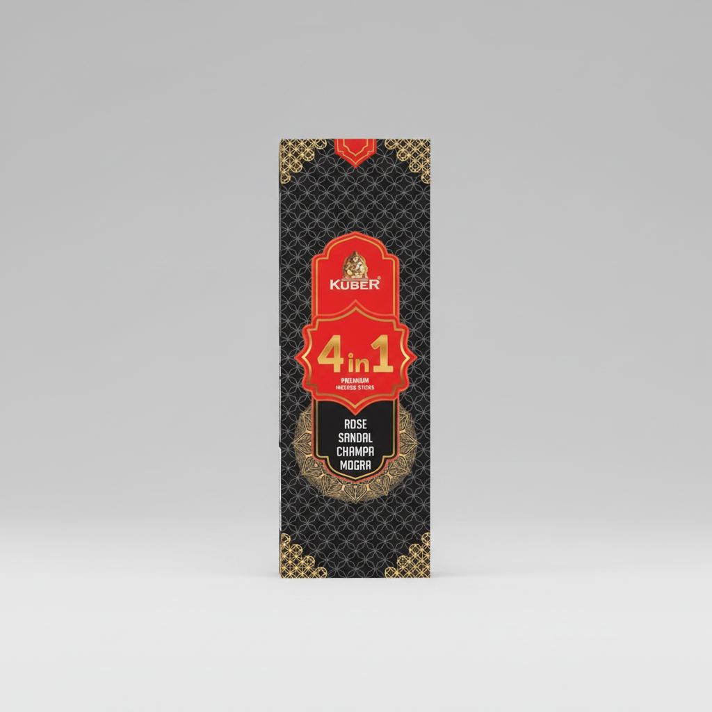 Kuber 4in1 incense stick box with red and gold design on a black background