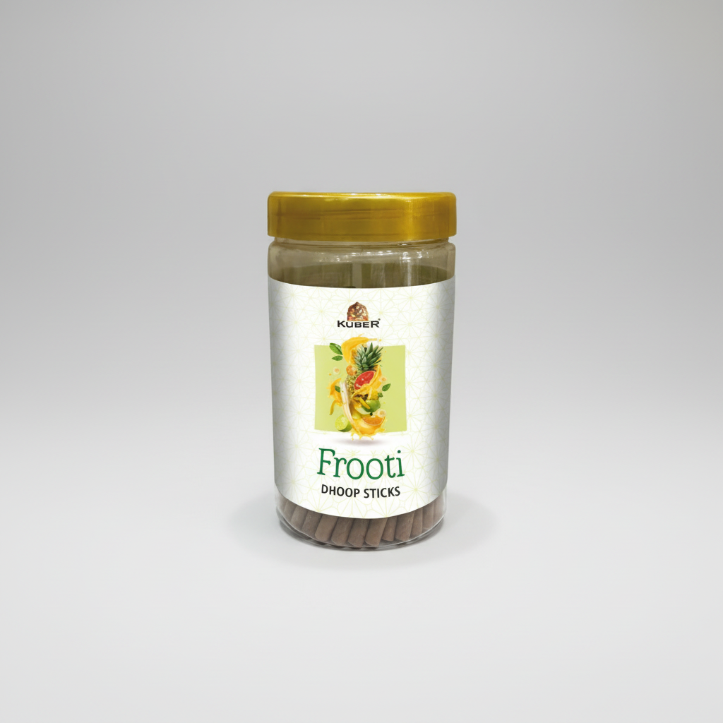 Jar of Kuber Frooti Dhoop Sticks with a yellow lid on a white background